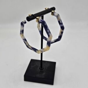 blue and cream octagonal resin hoop earrings